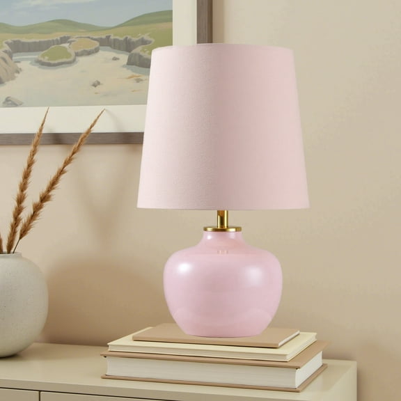15" Hand-Blown Glass Table Lamp Set, Blush Pink Velvet Shade, Pink Glass Base, Small Accent Lamp For Girls Bedroom Nightstand, Living Room, Kitchen Counter(Bulb Not Included)