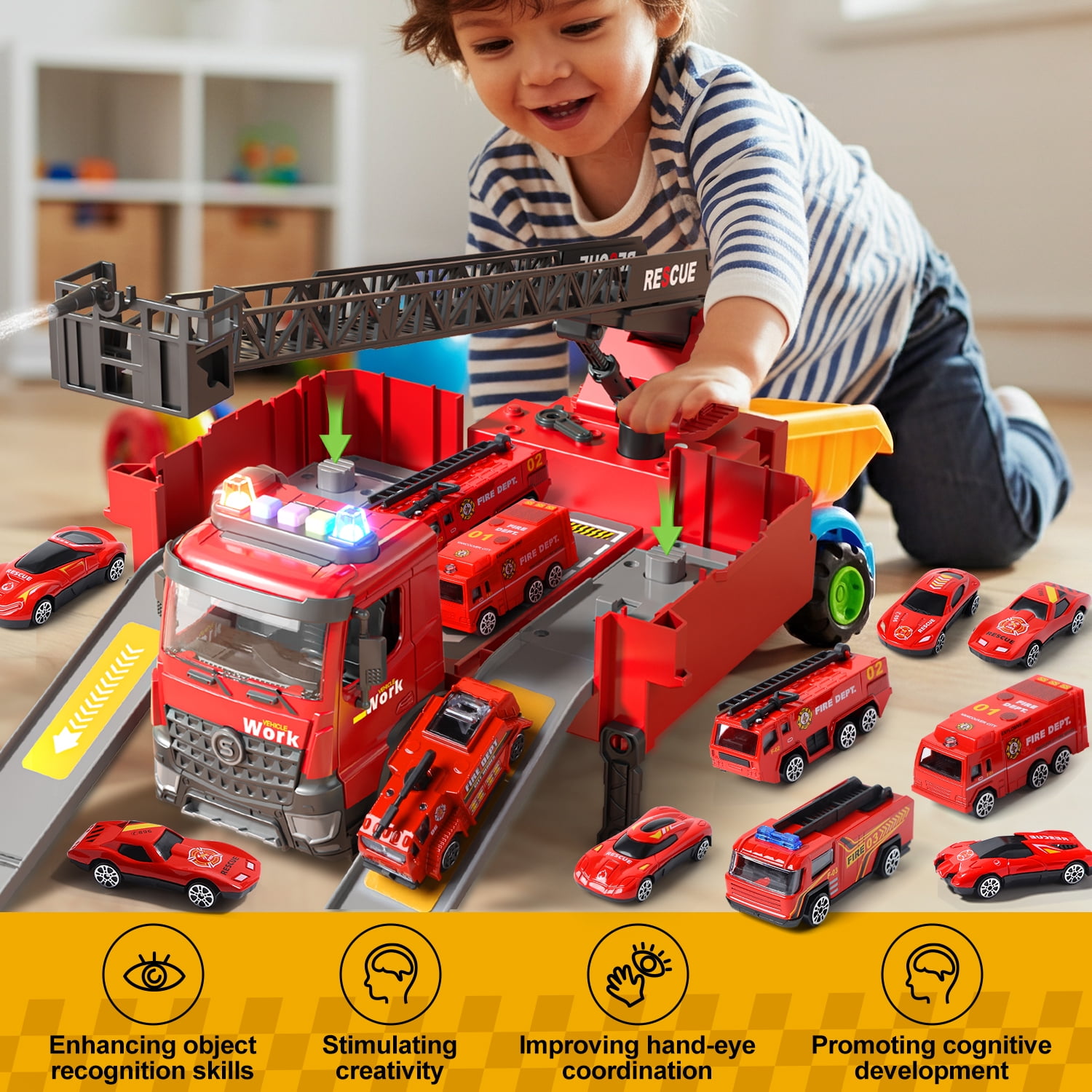 WonderStone Kids Fire Truck Toys, Alloy Deformable Cars with Light & Sound/ Extendable Aerial Ladder/ Working Water Pump, Fire Engine for 3-7 Years Old Boys Thanksgiving Christmas Birthday Gifts