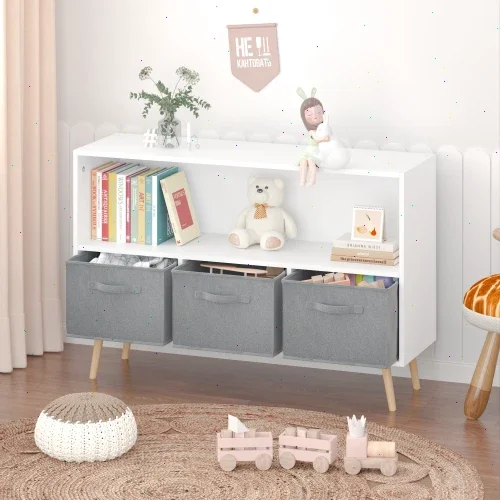 iooHug Kids Bookcase & Toy Storage Cabinet w/ Fabric Drawers, Display Bookshelf for Nursery & Playroom,Gray