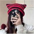 thumbnail image 4 of SikaFu Cat Ear Beanie Y2K Striped Crochet Hats Vintage Grunge Accessories Slouchy Beanies for Women, 4 of 4