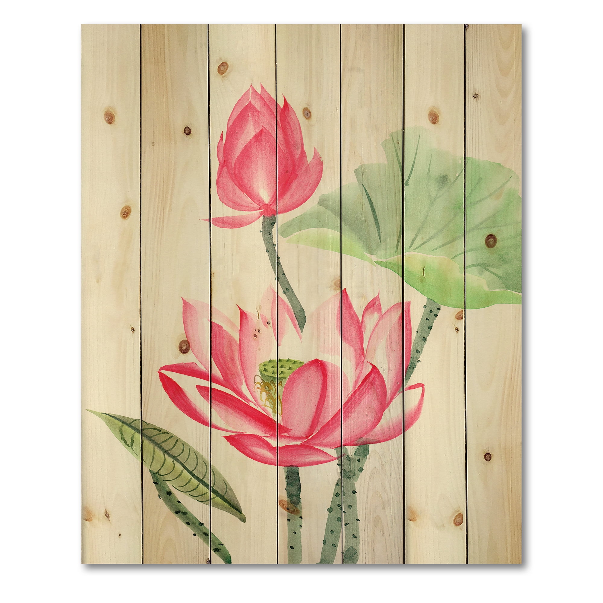 Designart 'Ancient Pink Lotus Flower' Traditional Print on Natural Pine Wood