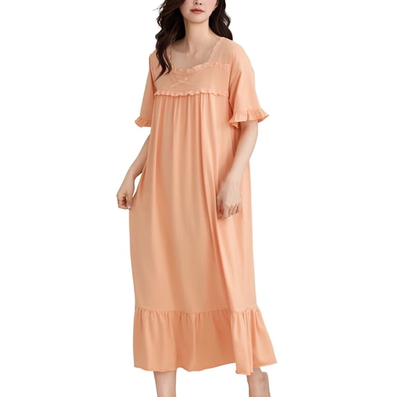 SWSMCLT Women's Short Sleeve Nightgown Spring Lace Fall Falbala Crew Neck Bow Loungewear Summer Pjs Modal Style5 Small