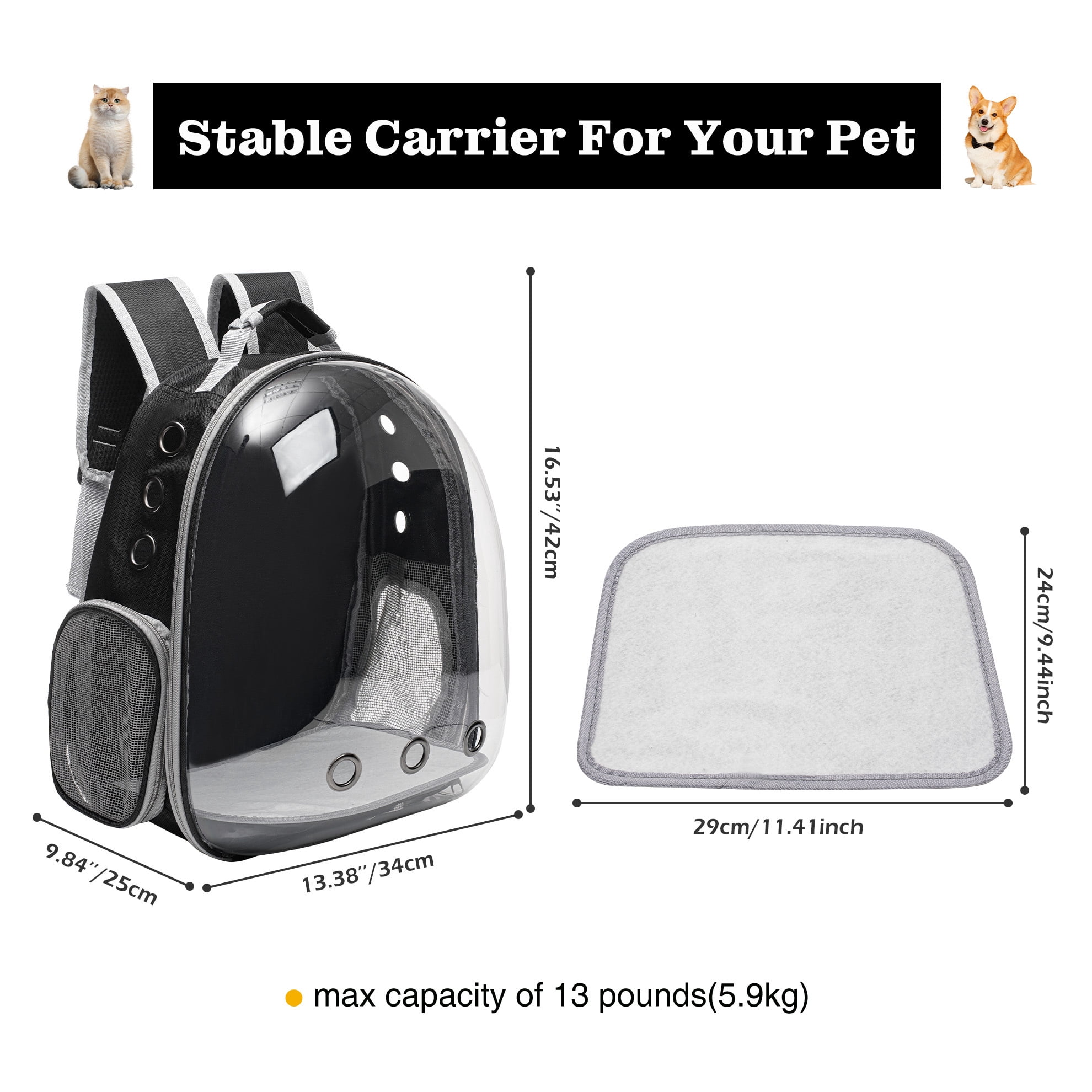 Vivicreate Breathable Cat Backpack Carrier, Large Transparent Pet Bag with Double Shoulder Straps, Durable PC Shell