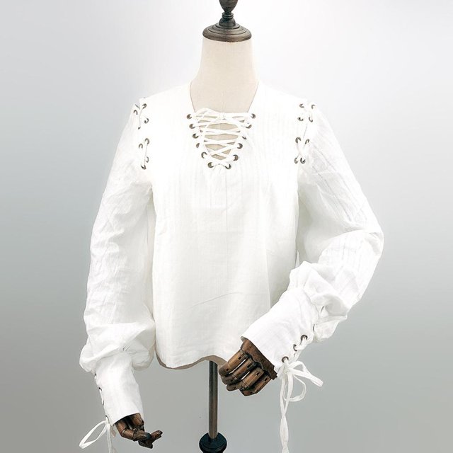 Elegante mujer Steampunk Puff manga encaje hasta camiseta blusas medievales SG Hugo Blusa medieval renacentista