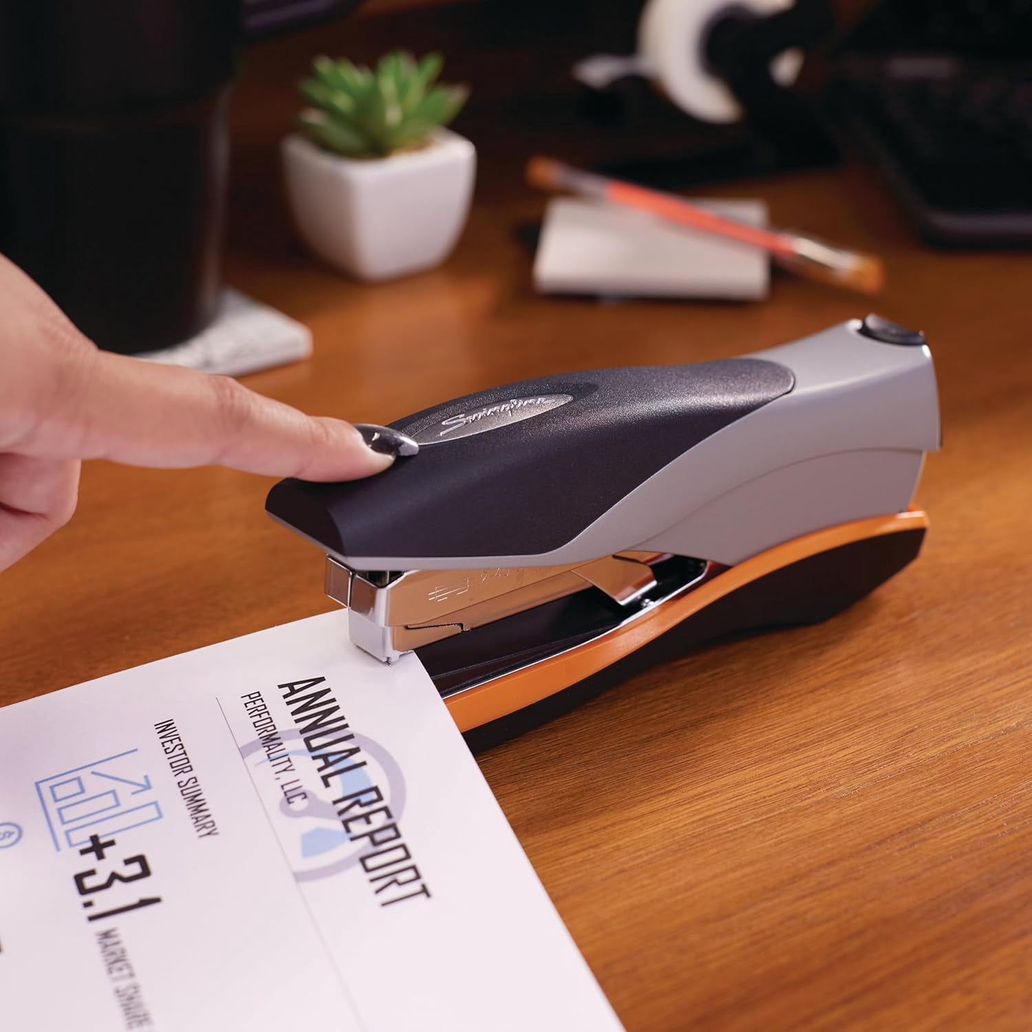 Stapler, 40 Sheet Capacity, Optima 40, Jam Free, Reduced Effort, Soft Grip, Metal, Orange and Gray (87845)