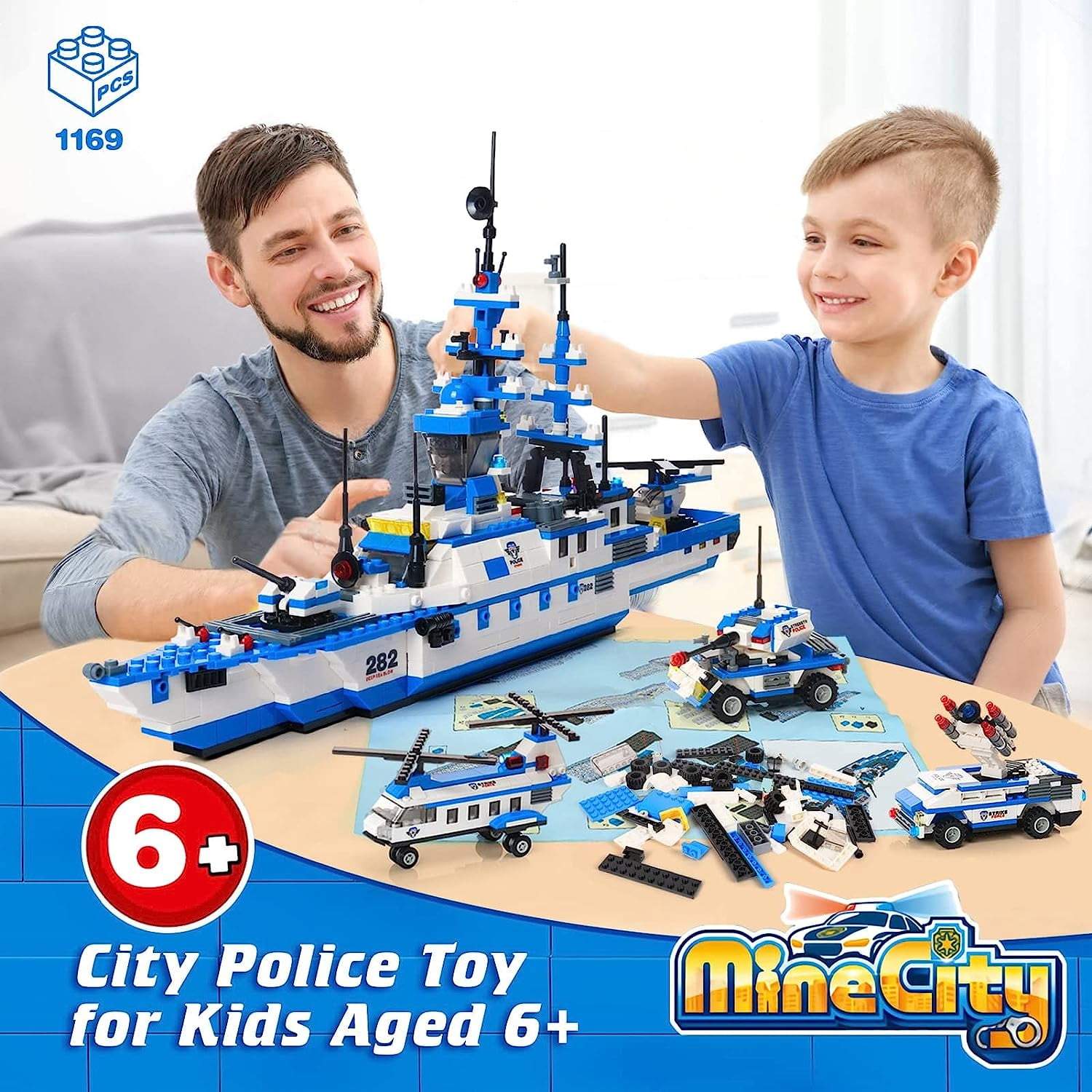 EXERCISE N PLAY 1169-Piece City Police Station Building Kit, 6-in-1 Military Battleship Toy