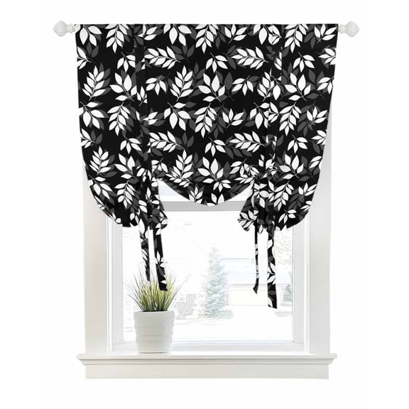 White Leaves Tie Up Curtains for Window, Thermal Insulated Balloon Shade Adjustable Rod Pocket Curtains Valance Panels for Kitchen Bathroom Cafe 42 x 63 Black Vintage Spring Botanical Leaf Plants