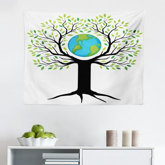 Tree of Life Tapestry, Hand Drawn Pastoral Single Old Tree with Growing Branches on The Grass Print, Fabric Wall Hanging Decor for Bedroom Living Room Dorm, 2 Sizes, Green Brown, by Ambesonne