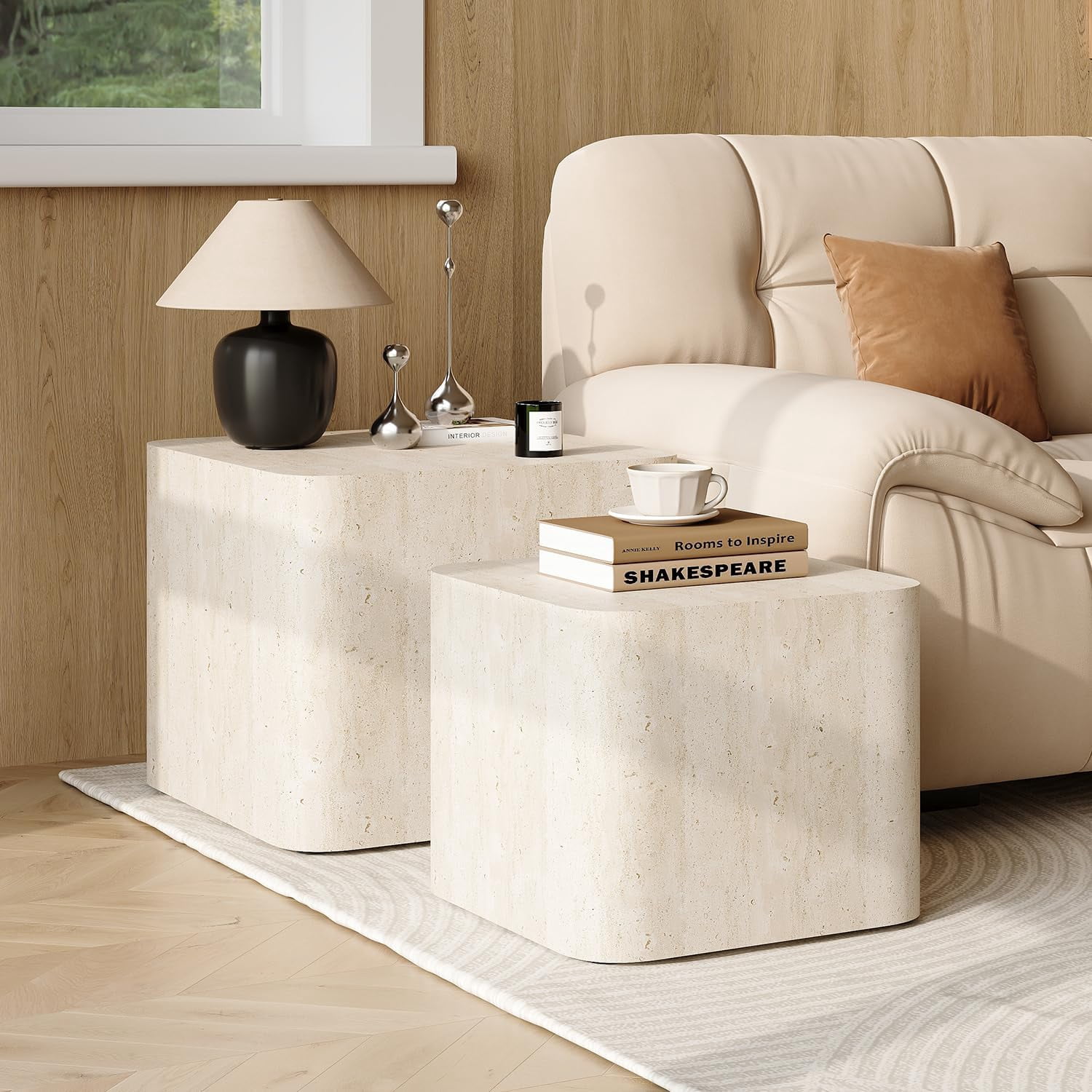LAZZO Nesting Coffee Table Set of 2, Modern Wooden Coffee Table & End Table, Small Side Tables for Living Room, Bedroom & Apartment, Beige
