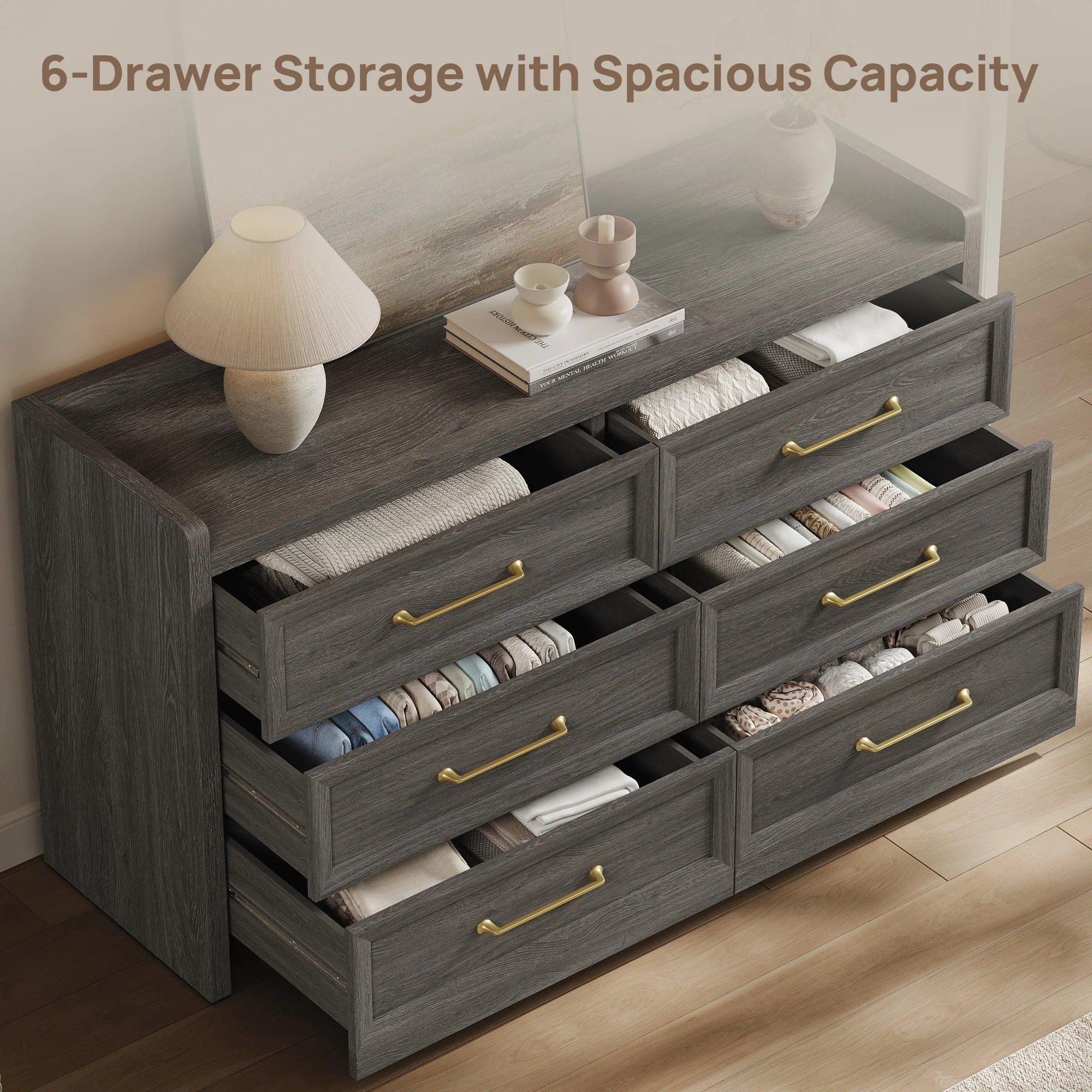 SICOTAS 56.4"W Farmhouse 6 Drawer Double Dresser, Long Chest of Drawers with Brass-tone Handles & Rolling Wheels, Wooden Dresser Storage Cabinet for Bedroom Living Room, Grey Oak