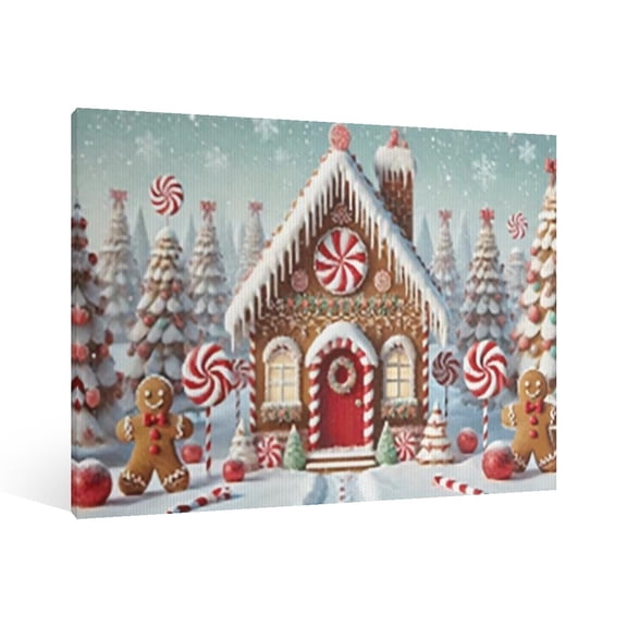 Vintage Christmas gingerbread house Wall Art Paint - Retro Xmas Festive Winter Holiday Christmas Wall Decor Canvas for Living Room Kitchen Bathroom Home Bedroom Decor Framed