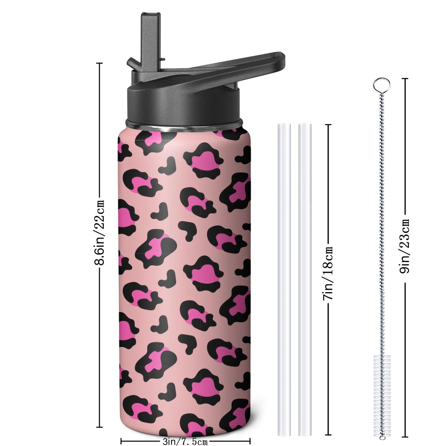 Leopard Print Insulated Stainless Steel Water Bottle with Straw & Cleaning Brush – 18 Oz | Leakproof, BPA-Free, 304 Stainless Steel, Wide Mouth, Travel Mug for Car, Gym, Office