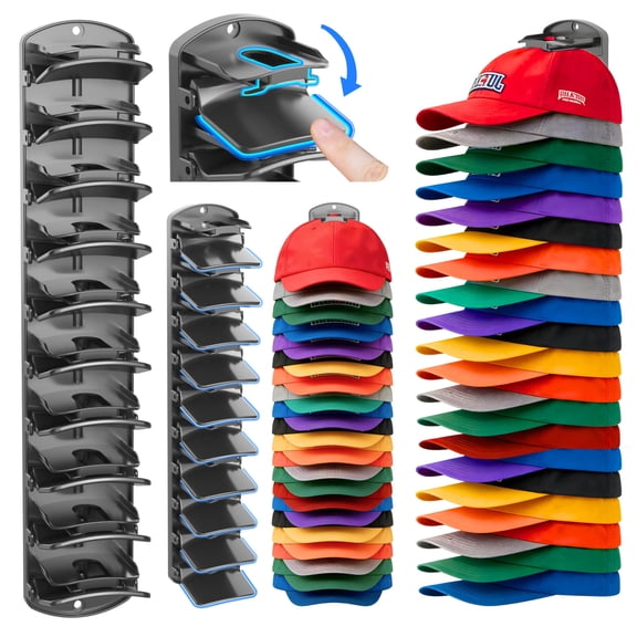 Hat Organizer for Baseball Caps 2 Packs with Built-in Spring Clips - Wall Mount Closet Hat Rack Holder,Storage for Door/Closet Display Hat Racks Hanger (Strong Adhesive & Screws) Matte Black