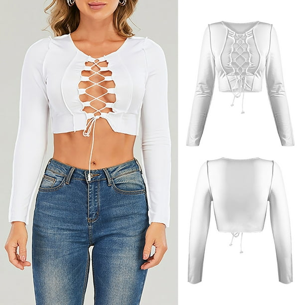 PMUYBHF Female L White 4/july camisole tops for women built in bra plus  Spring Sexy Cut Out White Lace Tight Jacket With Long Sleeves 