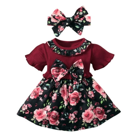 

TAIAOJING Tutu Tulle Dress For Baby Girl Toddler Short Sleeve Ribbed Bowknot Ruffles Floral Princess Headbands Set Dresses 2-3 Years