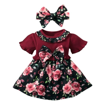 

BSDHBS Girls Dresses Toddler Girls Short Sleeve Ribbed Bowknot Dresses Ruffles Floral Printed Princess Dress Headbands Set