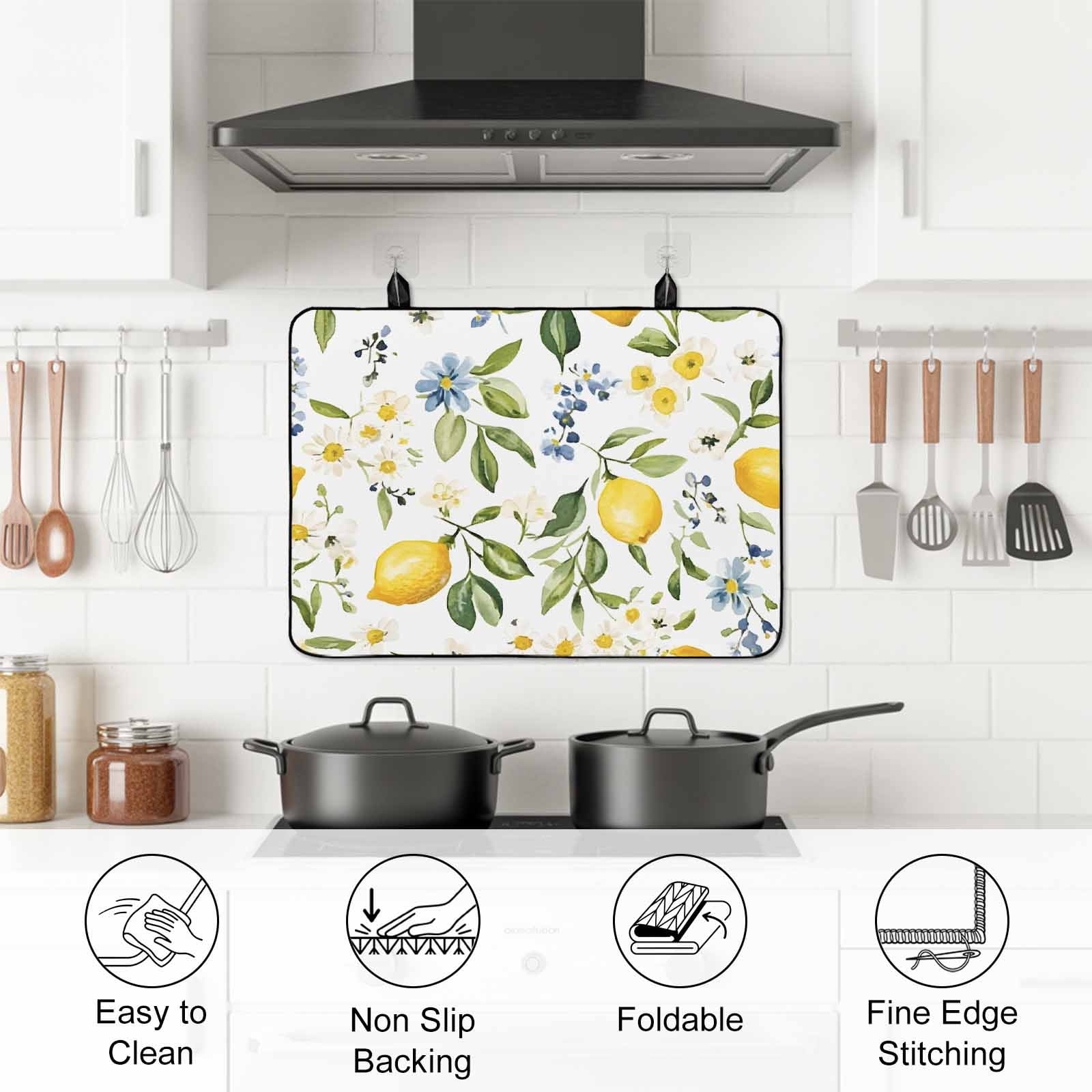 Summer Lemon Stove Top Cover for Electric Stove, Heat-proof & Non Slip Glass Top Stove Cover Protector, Yellow Botanical Spring Floral Blue Kitchen Flat Cooktop Rubber Mat 24x21 Inches