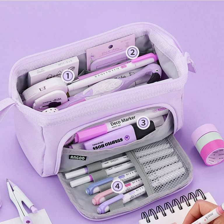 Pencil Case Compartments Pencil Pouch Big Capacity Pencil Bag Oxford Stationery Storage Pen Bag Cosmetic Makeup Pouch for Women - Purple, Size: Large