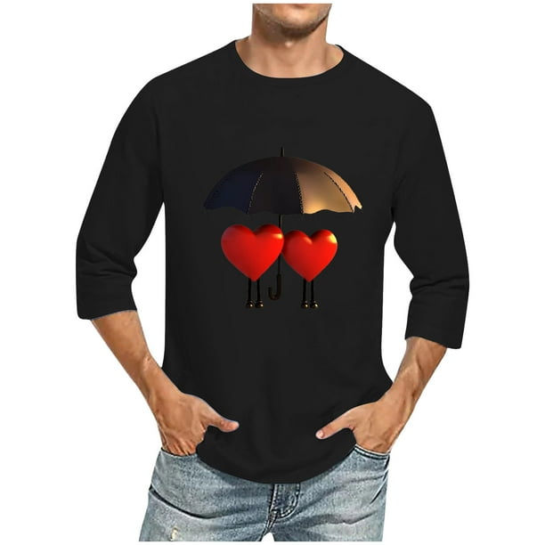 Camisas de Manga Larga para los Hombres Día de San Valentín Impresión Cuello Redondo Moda Casual, Mezcla de Poliéster de Lino de Algodón para Primavera Verano