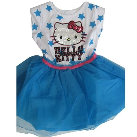 Little Girls White Blue Star Print Sequin Applique Dress 4-6X
