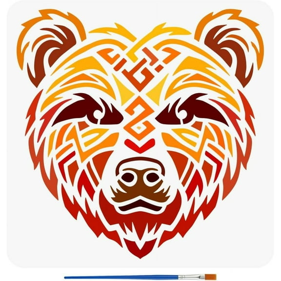 Bear Head Stencils with a Paint Brush 11.8x11.8Inch Bear Keltic Knot Painting Stencils Reusable Abstract Bear Pattern Stencil Creative Bear Drawing Stencil Animal Themes Bear Template