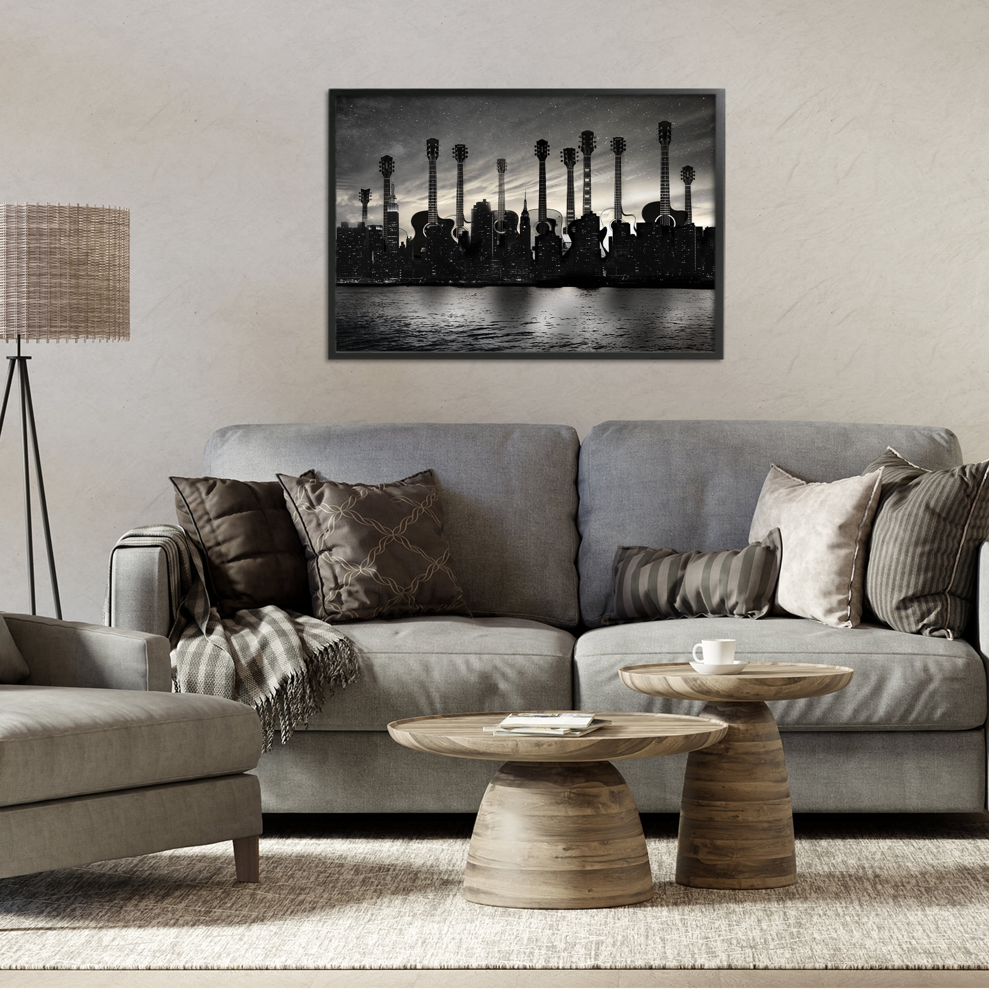 Stupell Industries Guitar Skyline Cityscape Black Framed Giclee Art, design by CAD Designs
