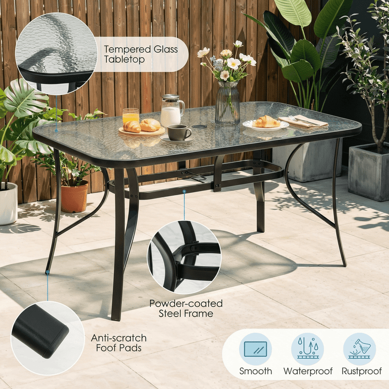 8 glass top rectangular patio dining table with umbrella hole TLSUNNY Outdoor Dining Table with Umbrella Hole, Rectangular Glass Patio  Table, Outdoor Metal Furniture for Outside, Garden, Balcony, Black