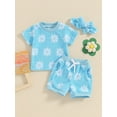 thumbnail image 3 of Musuos Baby Girls 3Pcs Summer Outfits 6 12 18 24M 3Y Short Sleeve Daisy Pattern T-shirt + Drawstring Shorts + Headband Set Casual Clothing for Toddler, 3 of 9