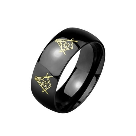 Masonic Symbols Engraved Around Black IP Stainless Steel Mens Ring - Size 10