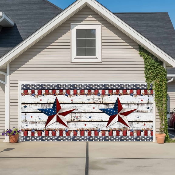 4th of July Star Garage Door Cover Banner 7 x 8 FT, Independence Day American Flag Garage Door Curtains Backdrop with Grommets for Indoor Outdoor Wall Party Porch Yard Decorations Background