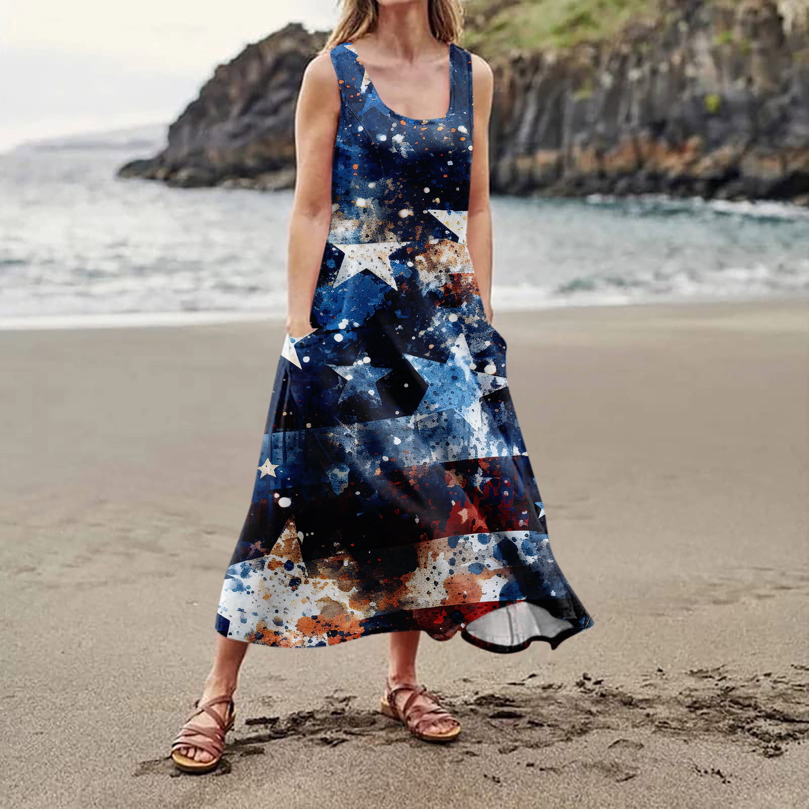 Women's Breathable Summer Dress Sleeveless Cotton Linen Sundress with  Patriotic Print