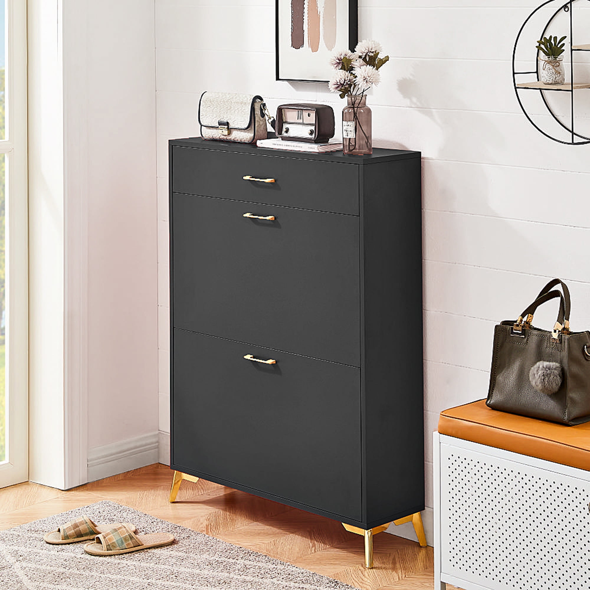 Kadyn 43.00"H Shoe Cabinet, Freestanding Shoe Rack Storage Organizer with Drawer, Entryway Shoe Storage Organizer, Black