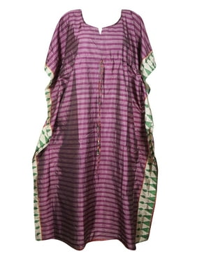 Mogul Women Purple Maxi Caftan Mindful Fashion Recycled Sari Printed Summer Beach Tunic Dresses 2XL