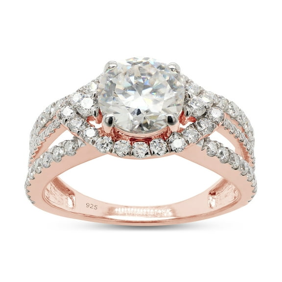 2 Carat Center 7MM Round Cut Lab Created Moissanite Diamond Halo Split Shank Engagement Ring For Women In 14K Rose Gold Over Sterling Silver (G-H Color, VVS1 Clarity, 2 Cttw)-4