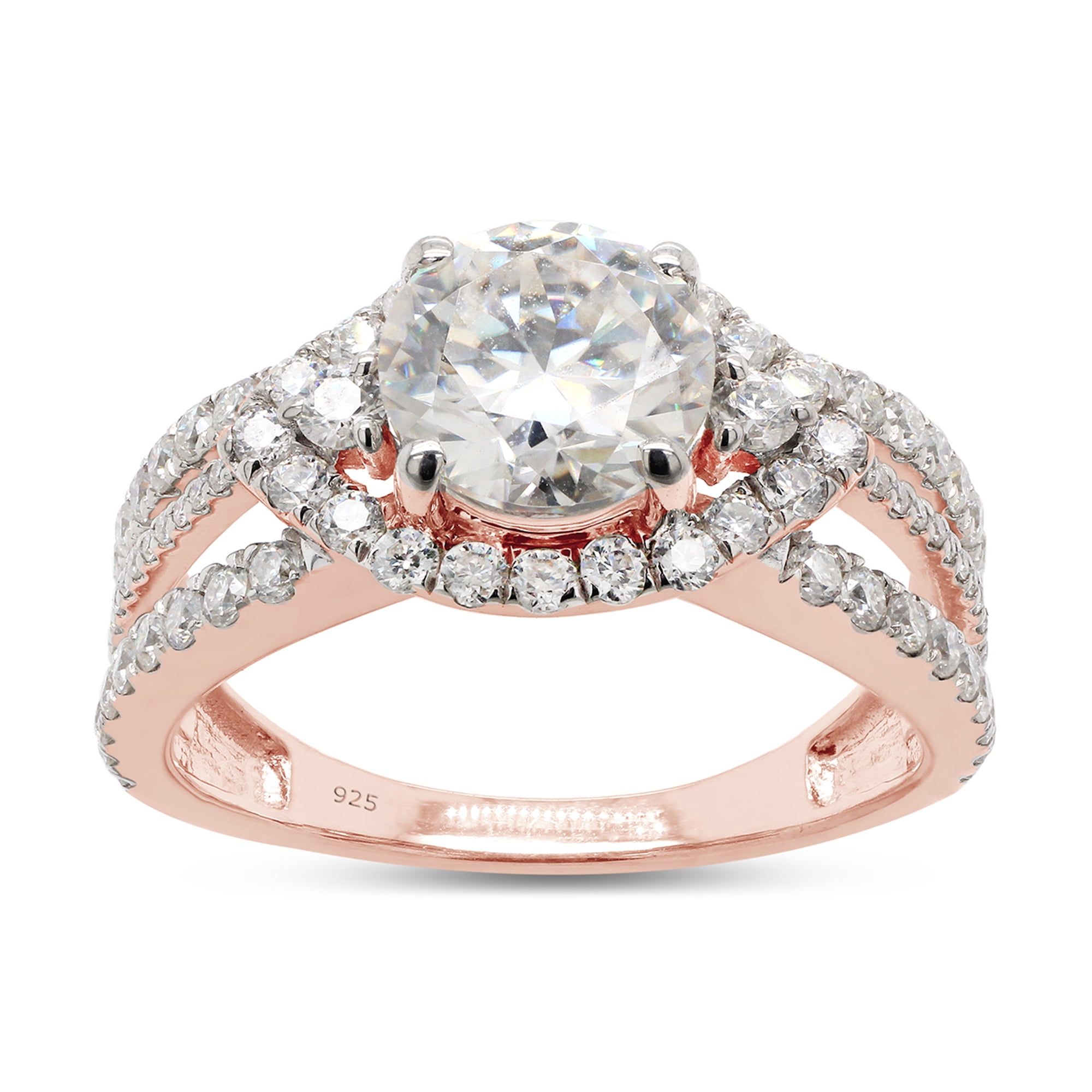 2 Carat Center 7MM Round Cut Lab Created Moissanite Diamond Halo Split Shank Engagement Ring For Women In 14K Rose Gold Over Sterling Silver (G-H Color, VVS1 Clarity, 2 Cttw)-4