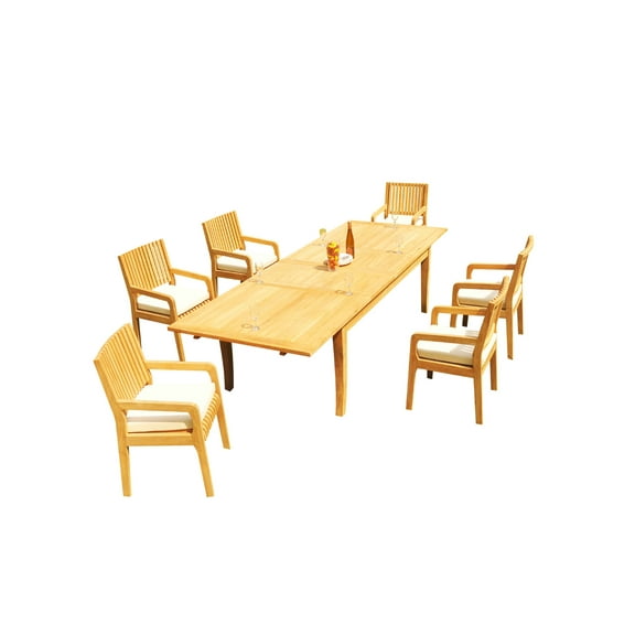 Grade-A Teak Dining Set: 6 Seater 7 Pc: 122" Atnas Rectangle Table And 6 Maldives Arm Chairs Outdoor Patio WholesaleTeak #51ML2807