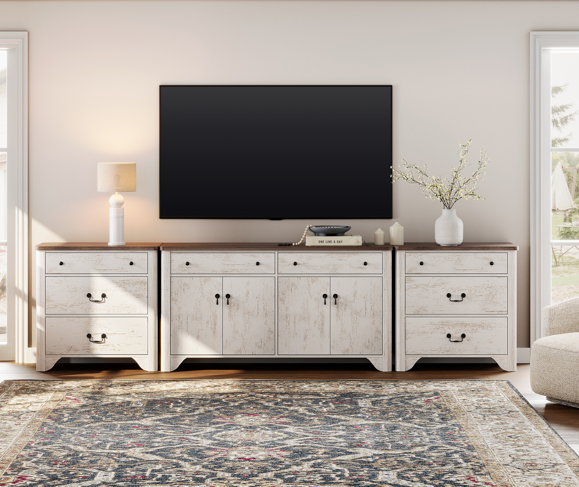 WAMPAT 59" Farmhouse Sideboard Buffet Cabinet with 3-Drawer Dresser Set of 2,Wood Coffee Bar Cabinet with Storage for Bedroom,Kitchen,Entryway,Hallway,and Living Room,White
