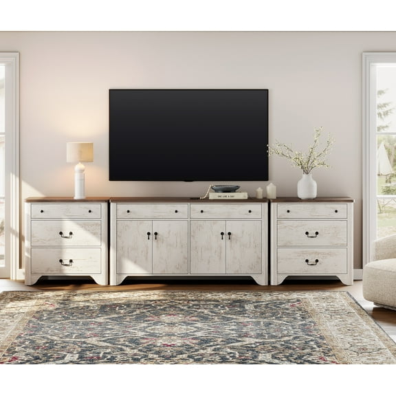 TV Stand For Tvs Up To 120", 3 In 1 Farmhouse Entertainment Center With 4 Doors And 8 Drawers , Adjustable Shelves, TV Console Table For Living Room Bedroom