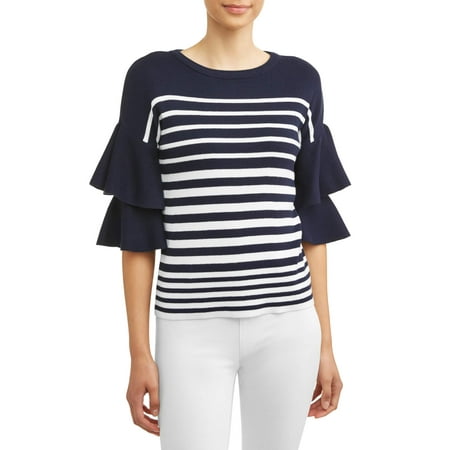 Women's Stripe Layered Sleeve Sweater (Best Day To Wear A Striped Sweater)