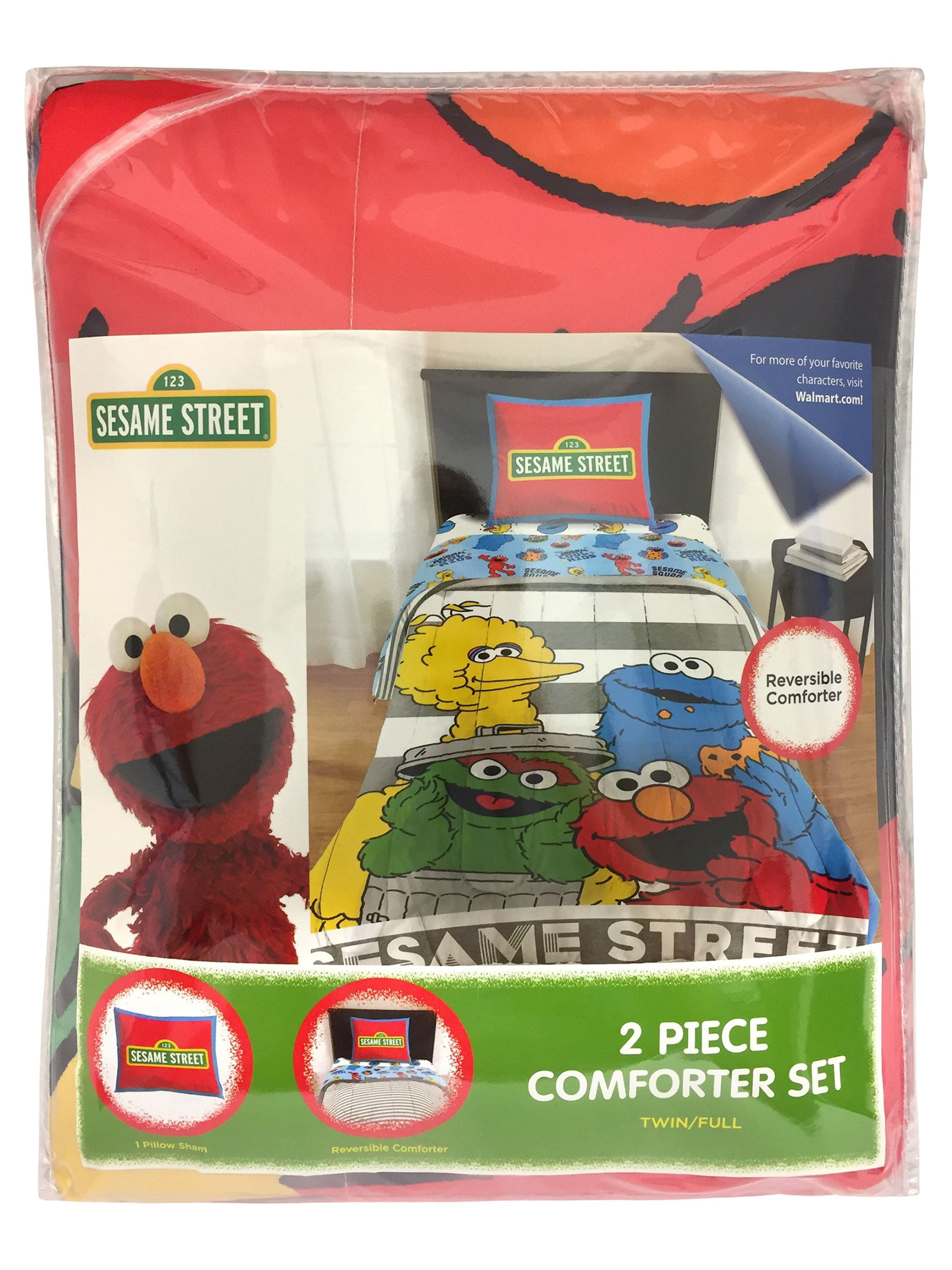 Sesame Street Stripes Kids 2-Piece Twin/Full Reversible Comforter and Sham Bedding Set, 100% Polyester, White