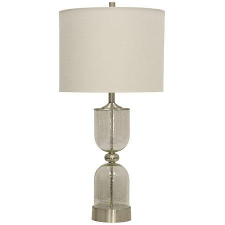 Shopping Lewiston Lewiston Table Lamp - Seeded Glass and Brushed Steel Finish - White Hardback Fabric Shade ()