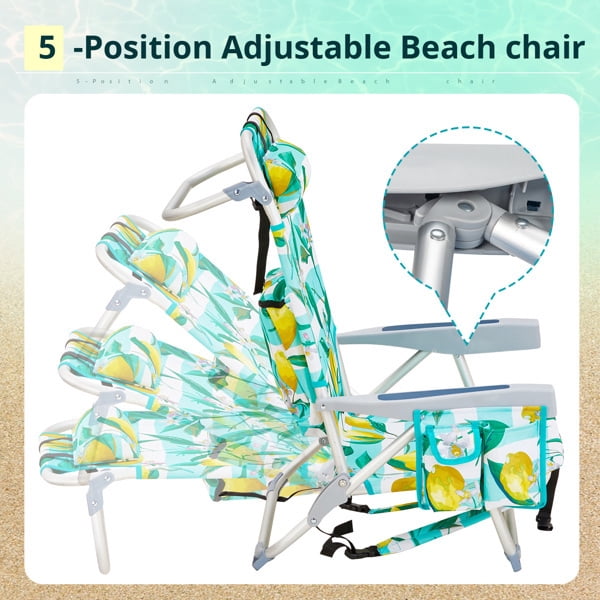 Alvantor 5-Position Folding Beach Chair with Aluminum Frame, Pillow, Cup Holder and Storage Pouch, Lemon