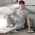 thumbnail image 1 of Pijamas finos de algodón de verano para hombre, pantalones largos de manga corta, conjunto de ropa para el hogar, ropa de dormir cómoda y transpirable de talla grande, 1 of 5