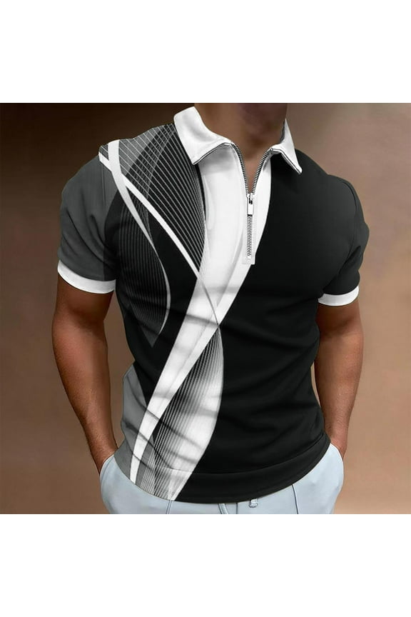 Graphic Short Sleeve Polos for Men T Shirts for Men Regular Casual Zipper Vintage Pull-On Shirts,Black M