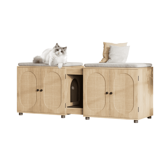 Double Cat Litter Box Enclosure for 2 Cats, Hidden Litter Furniture Cabinet with Rattan Door, Dual Compartment Storage, Spacious Washroom Table for Living Room, Wood Retro White Oak