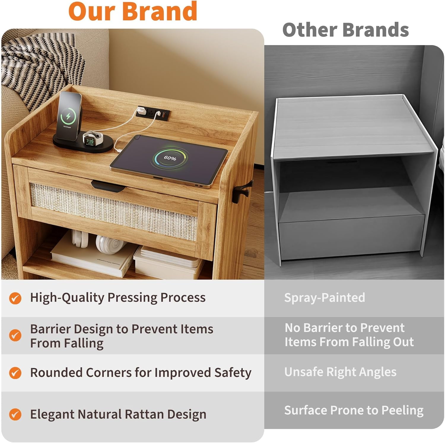 Historyli 2PC Bedside Table,Rattan Nightstand, Boho Night Stand with Type-C Charging Station,1 Storage Drawer,and Open Storage Space,End Table,Side Tables,Suitable for Bedroom,Living Room,Walnut