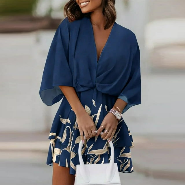 Women‘s Floral Print Mini Dress Pleated V Neck Drawstring Elastic Waist Ruffle Layered Mini Dress