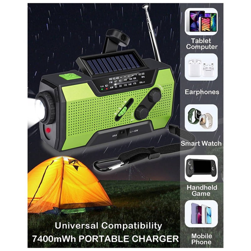 2X Emergency Weather Radio Hand Crank Portable Solar Charging with AM/FM/NOAA LED Flashlight SOS Alert 2000mah