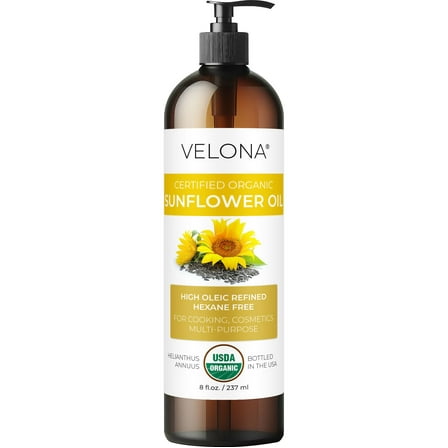 velona USDA Certified Organic Sunflower Oil - 8 Fl Oz | 100% Pure and Natural Carrier Oil | High Oleic, Refined| Cooking, Skin, Hair, Body & Face Moisturizing