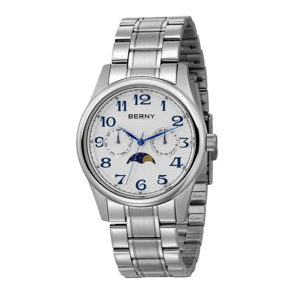 BERNY Silver Watch for Men, MultiFunction Analog Quartz Moon Phase Watch with Day Date, Stainless Steel, Easy to Read, Waterproof Dress Men's Wrist Watches (White)